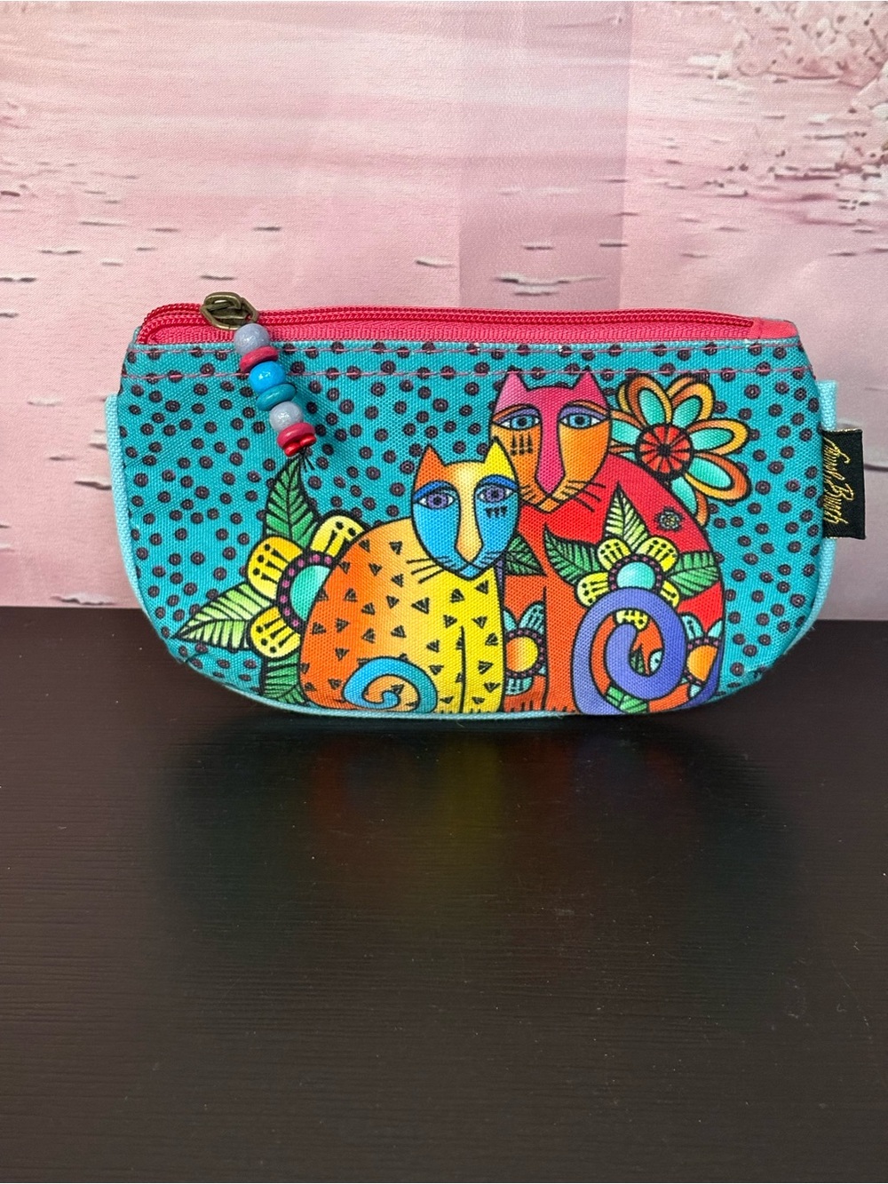Laurel Burch cosmetic bag Feline Clan cat polka dots. 2015. 7” X 4”  PO